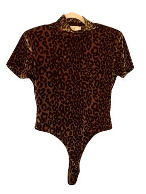Vintage Cache Large Warm Brown/Black Leopard Print Velvet One Piece Bodysuit
